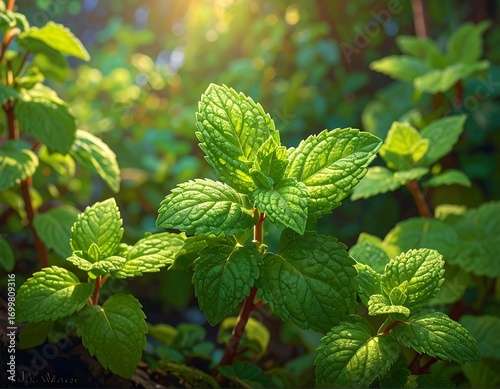 Wallpaper Mural Refreshing garden view of vivid green mint leaves in soft morning light Torontodigital.ca