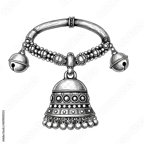 Hand drawn illustration of an indian anklet with bells isolated on transparent background