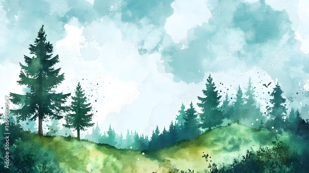 Fototapeta premium A serene landscape featuring lush green meadows and tall pine trees under a bright blue sky with fluffy clouds. Watercolor pine trees forest illustration