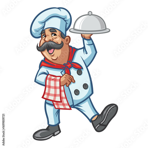 Cheerful cartoon chef character with a big mustache, wearing a chef hat and red scarf, holding a serving tray and walking happily. Perfect for restaurant branding, menu design, bakery or cafe mascot i