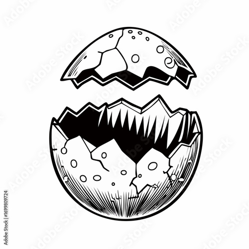 Monstrous creature egg with sharp teeth hatching open, a symbol of new beginnings and hidden surprises. Black and white fantasy drawing