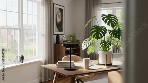 Modern home office with a large plant, wooden desk, and bright natural light streaming in