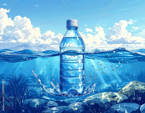 Wallpaper Mural Refreshing hydration depiction featuring bottled water in crystal water Torontodigital.ca