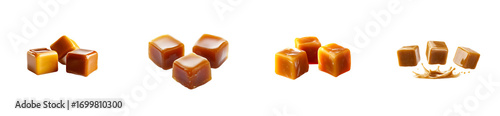 Gooey caramel cubes with splash of sauce isolated on transparent background, cut out