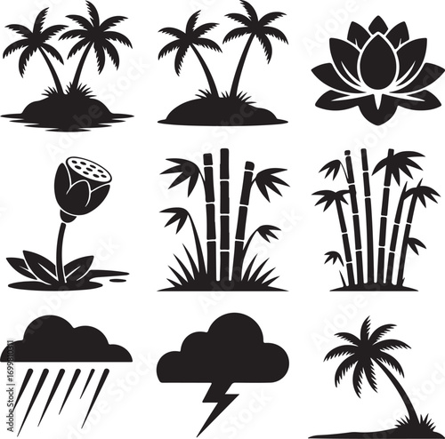 Tropical Islands Lotus Flowers Bamboo and Weather Icons Silhouettes palm tree silhouette
