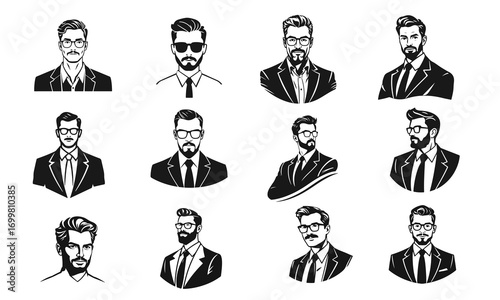 Human icon collection, businessman avatar vector, office worker icon, hipster face design, graphic male portrait, businessman avatar, bearded man, office worker, hipster face, male portrait