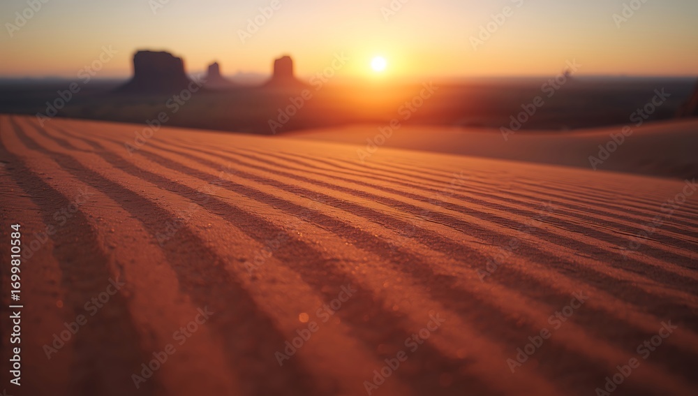 Naklejka premium Desert landscape at sunset with rippled sand dunes and rock formations