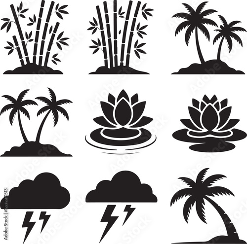 Silhouettes of Bamboo Palm Trees Lotus Flowers and Stormy Weather bamboo silhouette