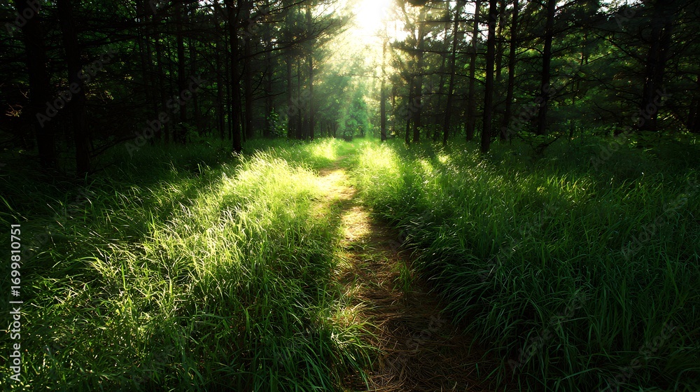 Obraz premium A serene forest path illuminated by sunlight filtering through trees, surrounded by lush green grass and foliage