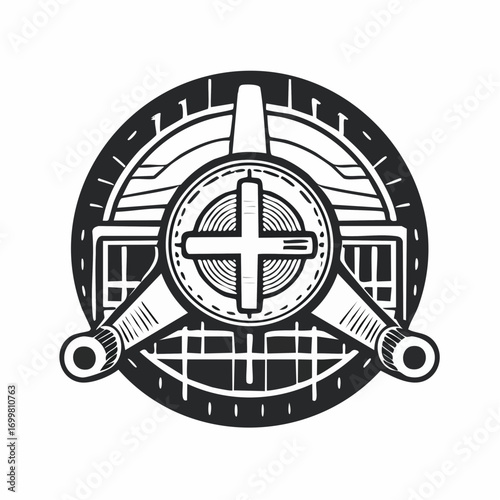 Bold monochrome circular insignia featuring a tactical targeting scope and futuristic dual cannons
