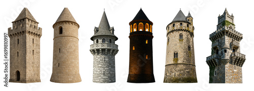 Medieval castle tower set including stone, fantasy, and ancient architectural styles isolated. Architectural element collection.