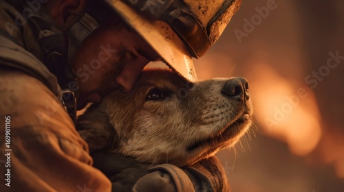 A firefighter embracing a golden retriever amidst a smoky backdrop, showcasing love and rescue in a moment of intense emotion.