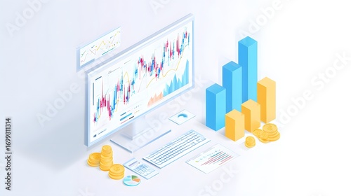 An isometric illustration of a financial analysis setup featuring a computer monitor displaying stock market graphs, bar charts, and various financial documents, with gold coins and a keyboard nearby