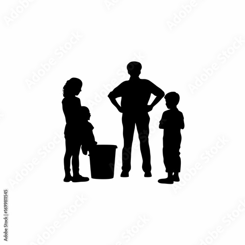 Parents teaching children about recycling waste bins silhouette isolated on white background