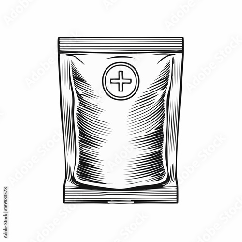 A detailed hand-drawn sketch of a sealed pouch with a plus symbol, isolated on a white background in a retro engraving style