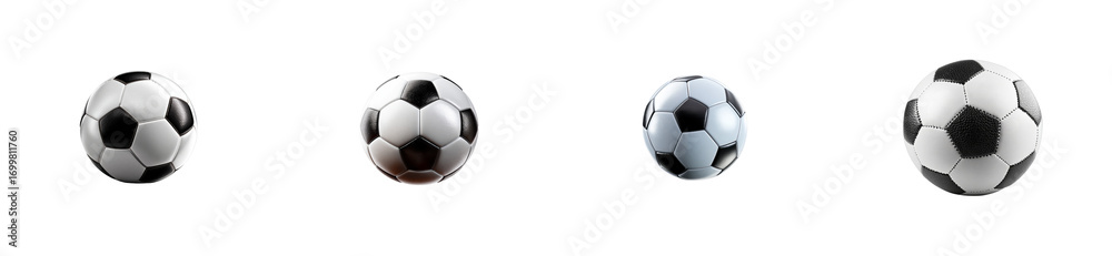 Obraz premium Four soccer balls with traditional white and black paneling presented as files on transparent void, cut out