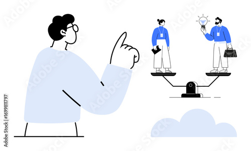 Person examining two professionals balanced on a scale, symbolizing equality, fairness, workplace diversity. Ideal for team management, leadership, justice, decision-making, gender equality HR
