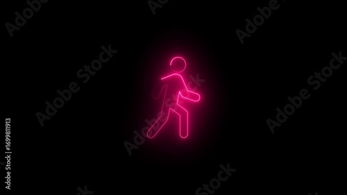 Glowing pink animated neon icon of a man with a  walking on black background.