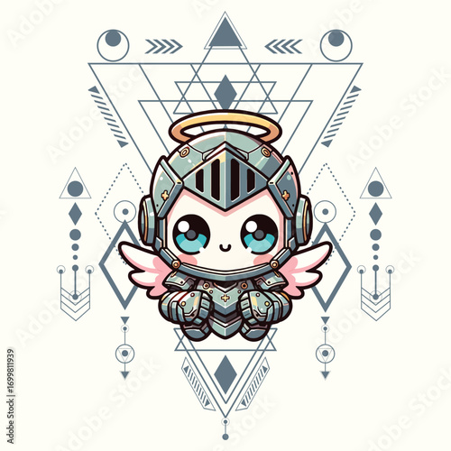 Cute Chibi Knight Angel with Sacred Geometry Background