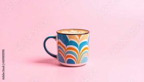 Pop of Color Retro Swirl Mug with Fresh Latte Art on a Vibrant Pink Backdrop.