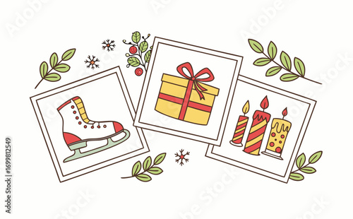 A festive holiday composition showcasing multiple Christmas-themed frames filled with presents, ice skates, candles, and seasonal elements in a whimsical hand-drawn style