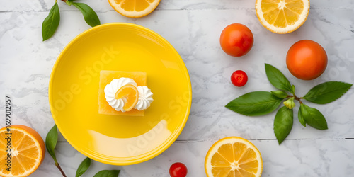 Flatlay of citrus dessert with lemon and cream decoration on bright yellow plate. Top-down view of Amalfi coast inspired food, featuring fresh ingredients, seasonal produce, and culinary artistry