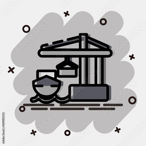 Icon sea port. Export import elements. Icon in comic style.