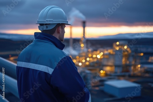 Engineer in hard hat overlooking illuminated industrial plant at sunset.