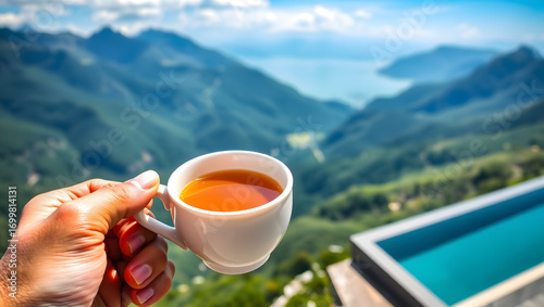 Hand holding tea cup with mountain view and swimming pool in background on a sunny day outside