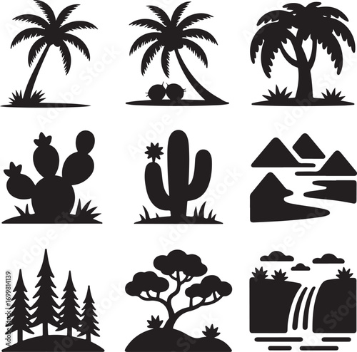 Silhouette Collection Of Tropical And Desert Landscapes And Trees Keywords: palm tree, coconut