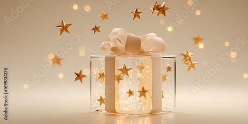 Christmas gift box with floating glowing stars inside on soft cream background. Minimal festive still life radiates magic and wonder.
