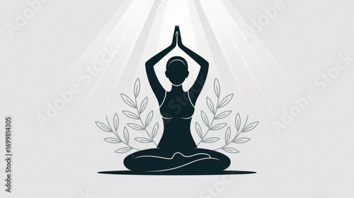 Yoga meditation pose illustration for wellness and relaxation with plants for zen and peaceful lifestyle