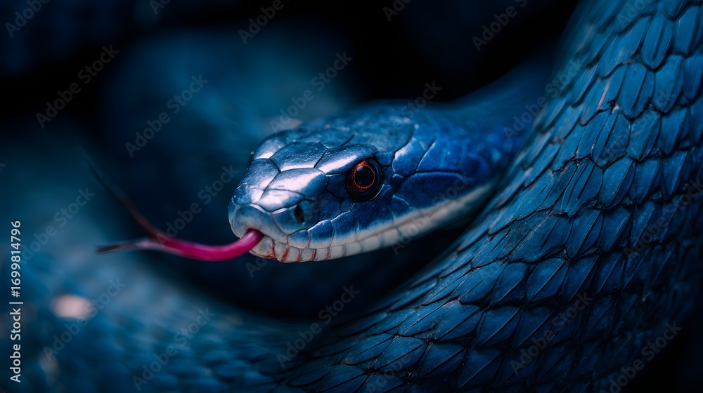 Fototapeta premium A close-up of a blue snake coiled among dark leaves, showcasing its scales and eyes