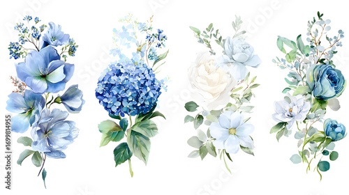 A beautiful arrangement of blue and white flowers, including roses and hydrangeas, with green leaves, creating a soft and elegant floral design isolated on white background