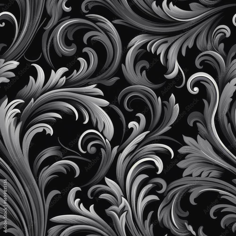 Fototapeta premium An intricate baroque-style floral pattern in black and white, featuring leaves and scrolls with depth and elegance,