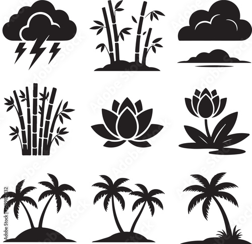 Silhouette Icons of Weather Bamboo Lotus Flowers and Palm Trees Keywords: cloud, silhouette, storm
