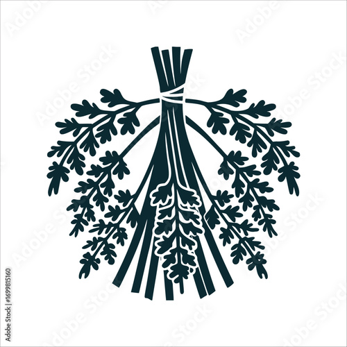 Herbal Bundle Icon: Yarrow, Mugwort, Thyme Herb Bundle Three tied stalks of yarrow mugwort thyme leaves splayed downward in a fan shape