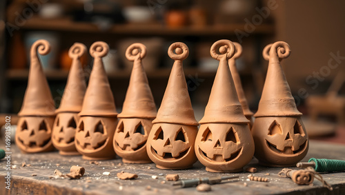 A row of handmade clay jack o lanterns with pointed hats sitting on a wooden surface in a workshop