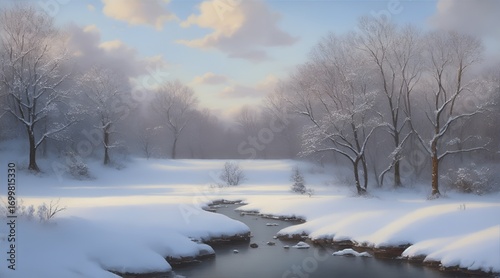 Wallpaper Mural Winter landscape with snow-covered trees and river flowing through the field, soft light and clouds in the sky creating an atmosphere of peace and harmony of nature Torontodigital.ca