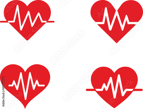 Four red heart electrocardiogram pulse symbols silhouette