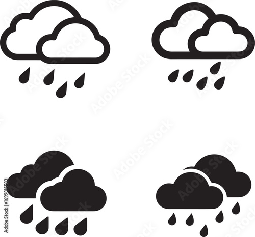 Set of four cloud and rain icons in silhouette style