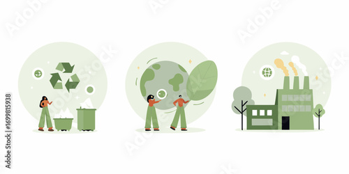Illustrations showing people recycling caring for the planet and industrial pollution impacting the environment