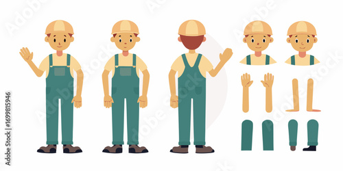 Cartoon construction worker character kit with different body parts and poses for animation and design