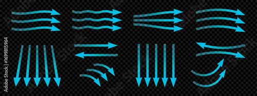 A collection of glowing blue arrow icons illustrating air flow, wind or water currents. Set of various movement arrow like straight, wavy and curved, designed on a transparent background