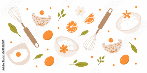 Whimsical baking ingredients and tools with oranges and flowers on white background