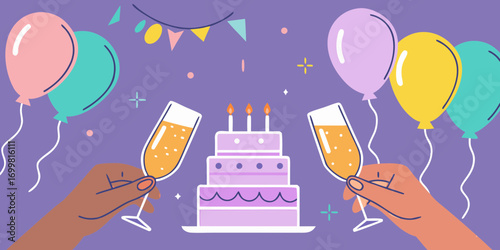 Celebration with a tiered birthday cake champagne glasses and colorful balloons against a purple background