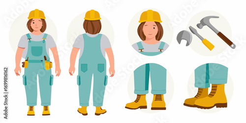 Illustration of a female construction worker in overalls and hard hat with tools and work boots
