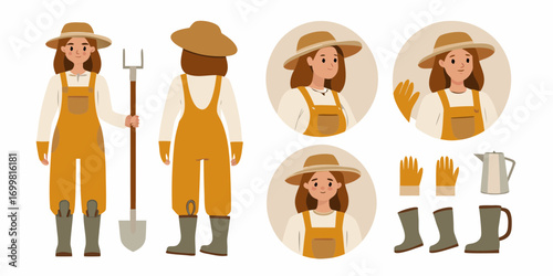 Illustration of a female farmer character with gardening tools and accessories for agricultural work