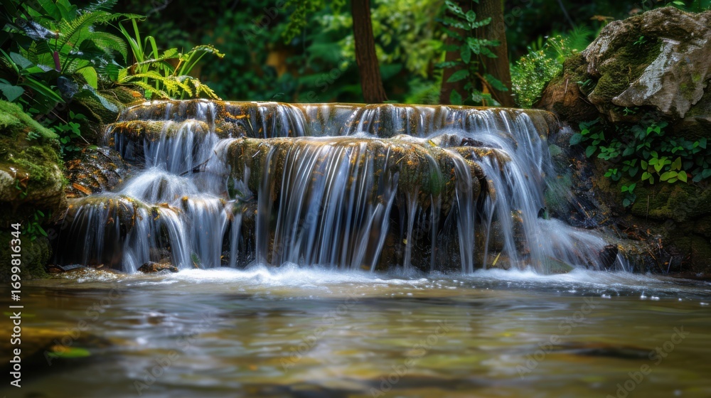 Fototapeta premium Tranquil Waterfall Flowing Over Rocks Surrounded by Lush Greenery
