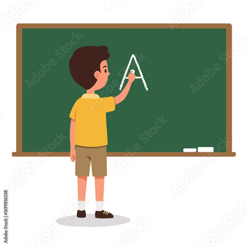vector illustration of a child writing the letter "a" on a blackboard using chalk